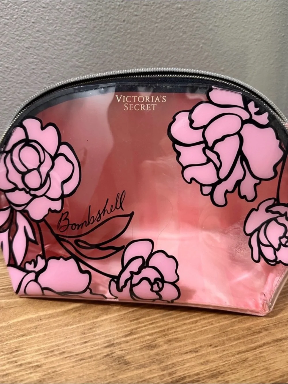 Victoria's Secret NWOT Bombshell Pink and Black Floral zipper case pouch